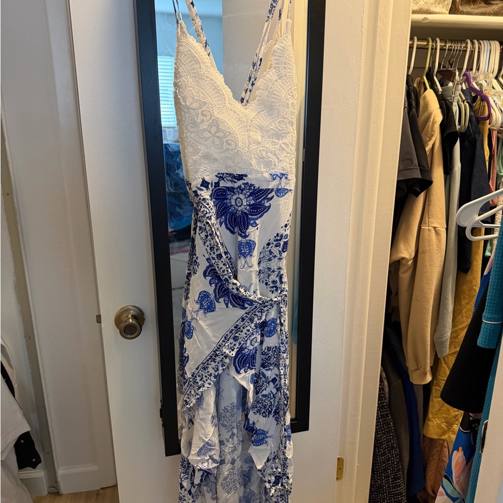 Luxxel White & Blue Lace Trim Maxi Dress